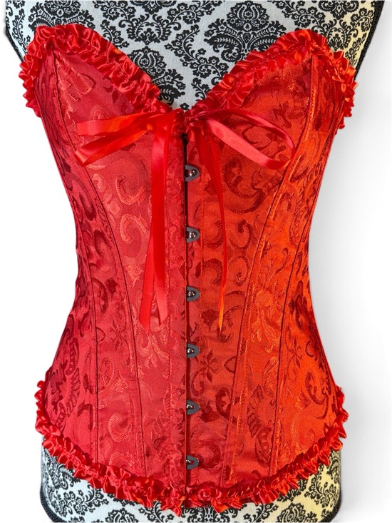 Tops - Red Satin Brocade Corset Top With Ruffles and Ribbons size M